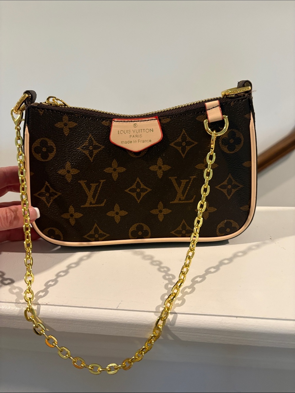 LV Monogram Mini Pochette in Brown with Pink Trim and Gold Chain